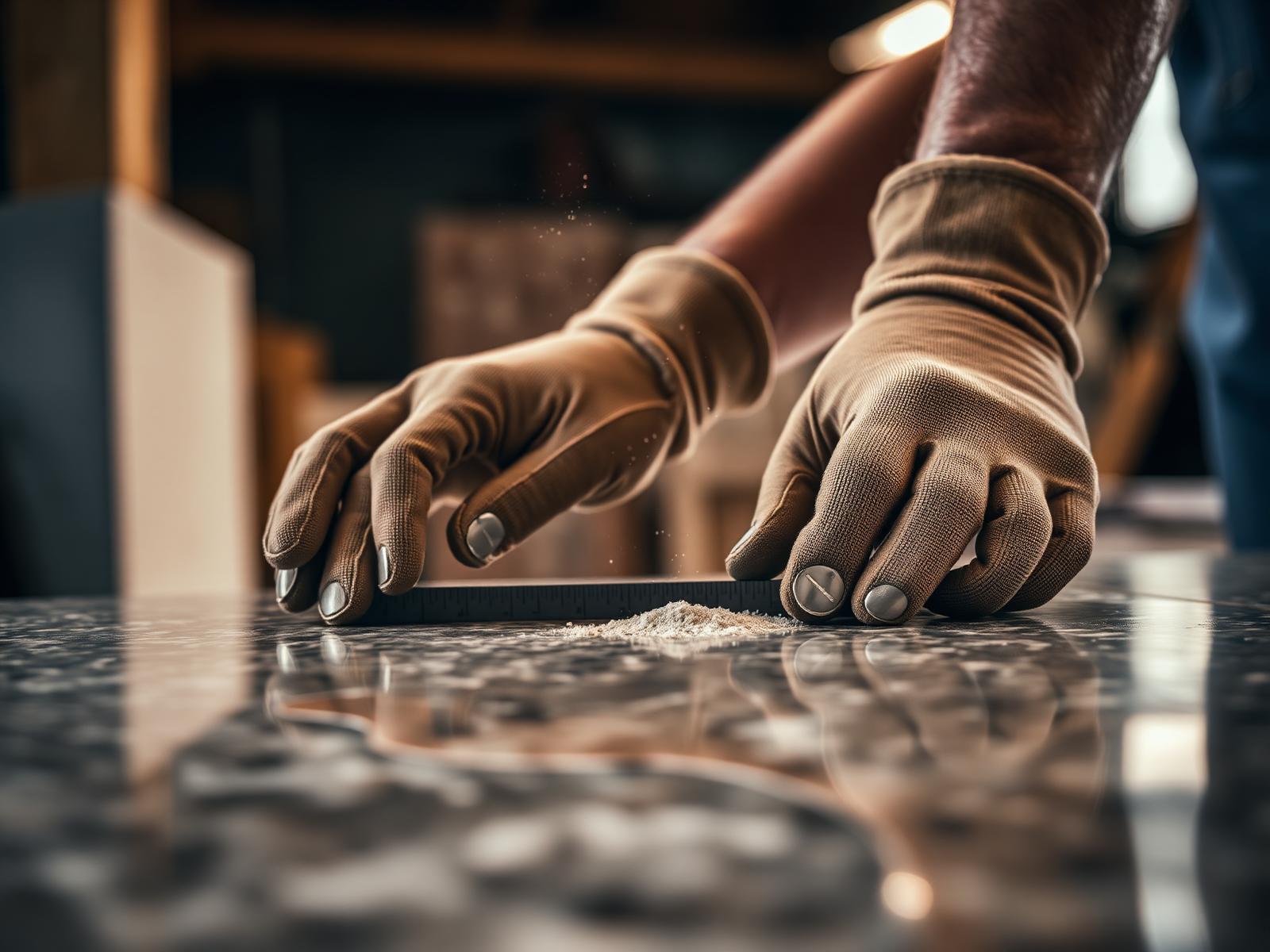 Craftsman measuring a granite slab in the Marcia's Granite workshop