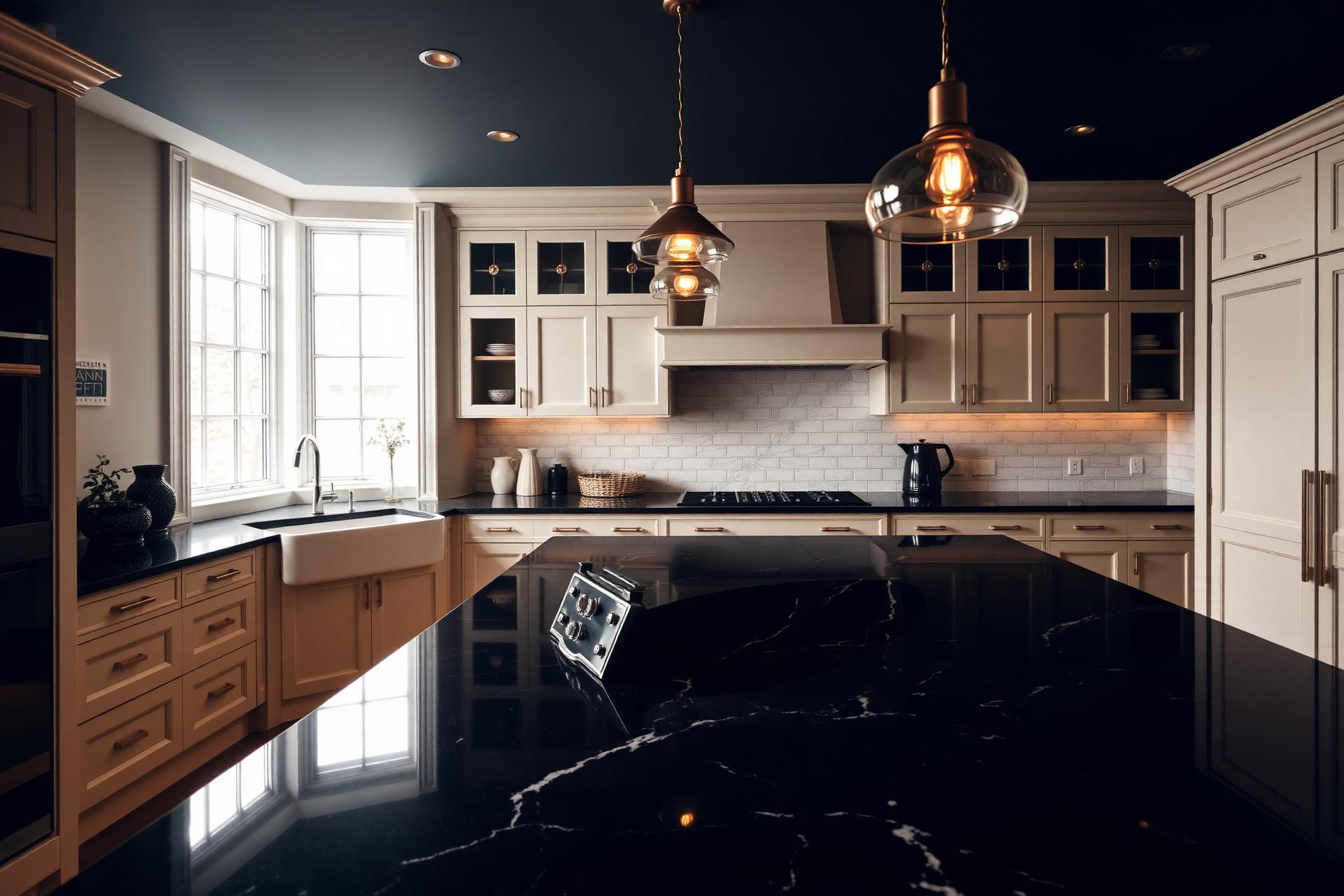 Modern Houston kitchen with dark granite waterfall island and brass pendants